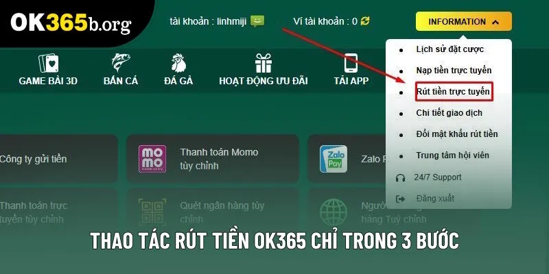 Hành động rút tiền OK365 chỉ trong 3 bước